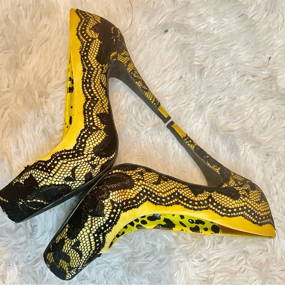 Colin Stuart Y2K Yellow & Black Lace Pump StilettoHeel Leopard Print Insoles - Picture 4 of 10
